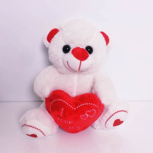 Sevimli Kırmızı Kalpli Beyaz Peluş Ayıcık Orta Boy 25 cm