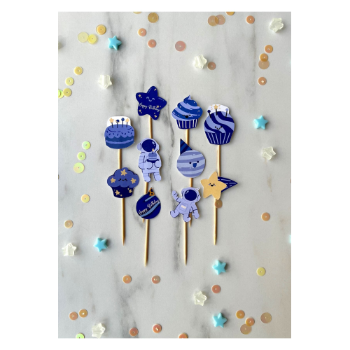 10'lu Minik Mavi Erkek Çocuk Uzay Astronot Konseptli Doğum Günü Cupcake Topper