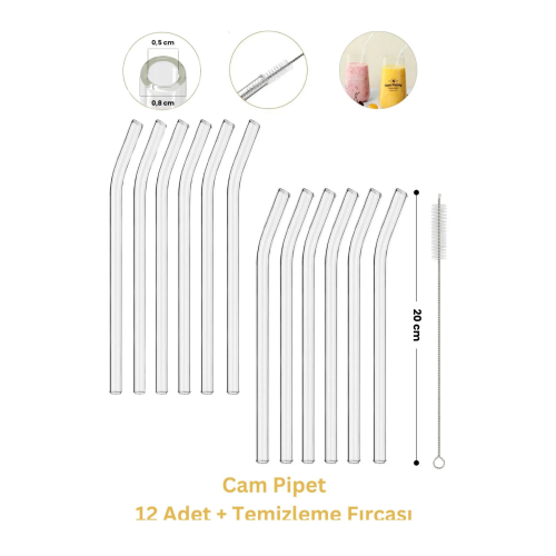 12'li Cam Pipet Ve Pipet Temizleme Fırçası, Kalın Cam Pipet 12'li Cam Pipet Ve Pipet Temizleme Fırçası, Kalın Cam Pipet