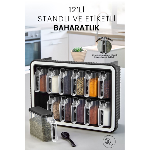 12'li Kendinden Yapışkanlı Kaşıklı Standlı Baharatlık Takımı Kapaklı Kulplu Etiketli Baharatlık Seti