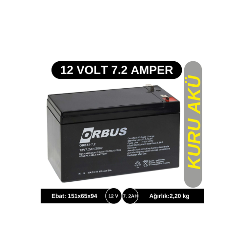 12v 7.2 Ah Kuru Tip Akü - 12 Volt 7,2 Amper Akü - Bakımsız Akü