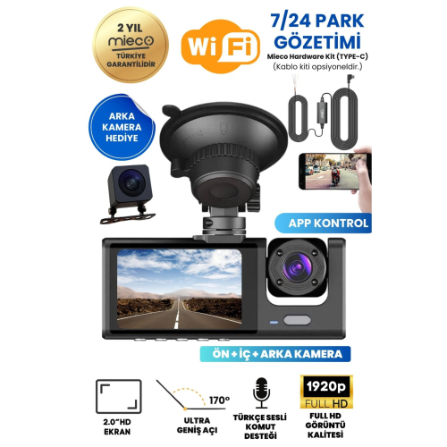 1s Wifi / App /1920p Fhd/ 170° Ultra Geniş Açı/gece Görüş/ G-sensörü 3 Kameralı Araç Kamerası(2025)