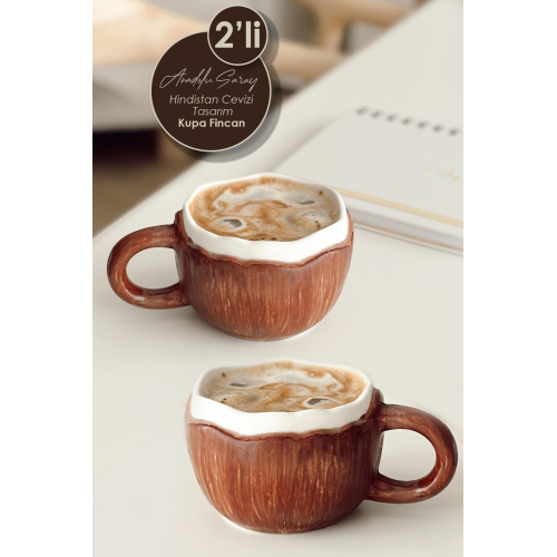 2 ADET El Yapımı Seramik Hindistan Cevizi Tasarım Mug Kupa Fincan Handmade Mug Fincan Kahve Kupası