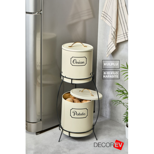 2 Katlı Kulplu Patates Soğanlık Metal Patates Soğan Kovası Sebzelik Sepeti Krem