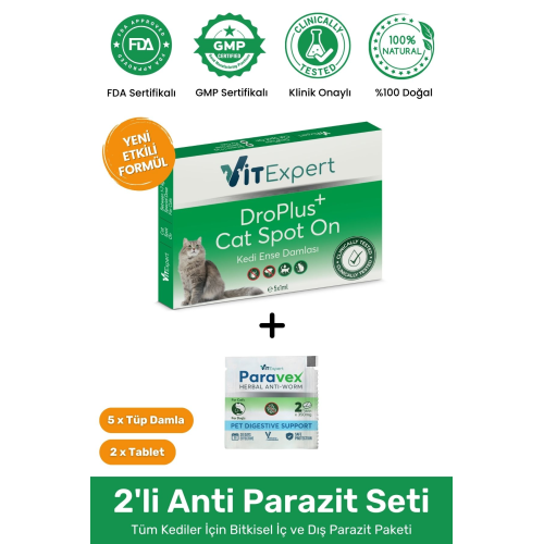 2'li Set Kedi Iç Dış Anti Parazit Tüm Kediler Için Bitkisel 5 Damla Ve 2 Tablet Paketi