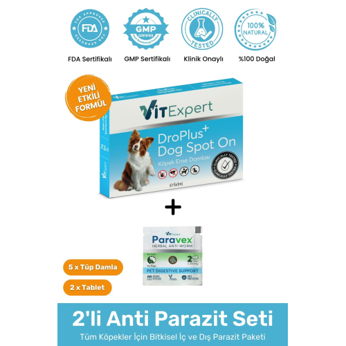 2'li Set Köpek İç Dış Anti Parazit Tüm Köpekler İçin Bitkisel 5 Damla ve 2 Tablet Paketi