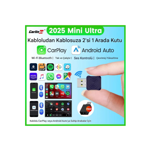 2025 Mini Ultra 5.0 Kablosuz CarPlay & Android Auto Adaptör Tak Çalıştır Dual WiFi Hızlı Bağlantı