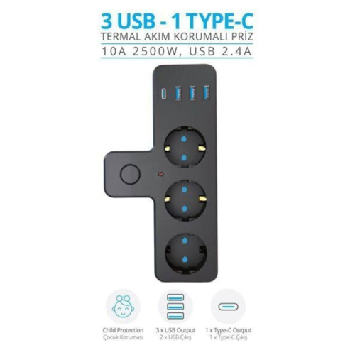 3'lü Akım Korumalı Priz Çoğaltıcı 2500W 3xUSB 2.4A 1xType-C 3'lü Akım Korumalı Priz Çoğaltıcı 2500W 3xUSB 2.4A 1xType-C