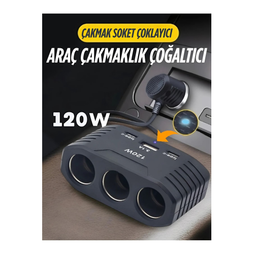 3 lü Çakmak Soketi 120W Çakmaklık Çoğaltıcı 1Usb 2Type-C Araç Şarj Cihazı Çakmak Çoklayıcı Çoğaltıcı