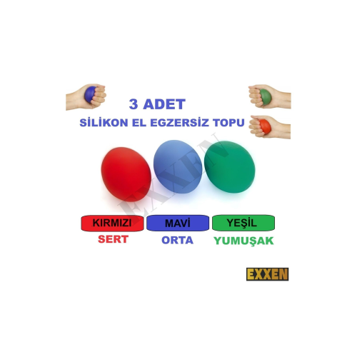 3 Sertlikte Silikon El Bilek Parmak Güçlendirme, Ameliyat Sonrası El Stres Egzersiz Topu 3'lü