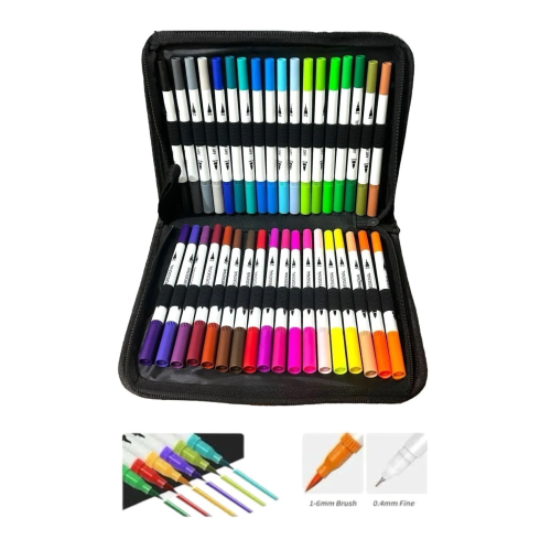 36 Lı Çift Uçlu Fırça Ve 0.4 Mm Fine Uçlu Marker Kalem Seti Deri Tarzı Cüzdanlık Kalem Seti Pro