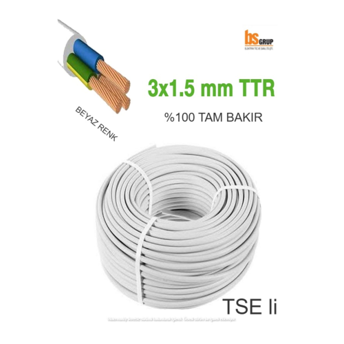 3x1.5 TTR Topraklı Kablo %100 Tam Bakır TSE'i Kablo-Beyaz(İSTEDİĞİNİZ MT DE  SİPARİŞ VEREBİLİRSİNİZ)