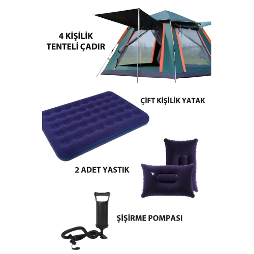 4 Kişilik Tenteli Tam Otomatik Kurulum Kamp Çadırı + Çift Kişilik Yatak + 2 Yastık + Manuel Pompa 4 Kişilik Tenteli Tam Otomatik Kurulum Kamp Çadırı + Çift Kişilik Yatak + 2 Yastık + Manuel Pompa