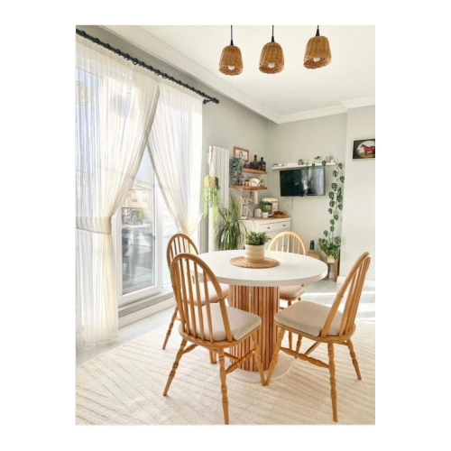 4 Kişilik Yuvarlak Yemek Masası- 36mm Mdf Tabla, Kayın Cilalı Ayak, Bohem Stil, Garantili
