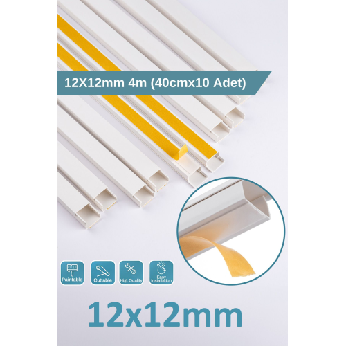 4 Metre (12x12mm) Kedinden Yapışkanlı Kablo Kanalı | 4m (10 Adet x 40cm) Kablo Gizleyici