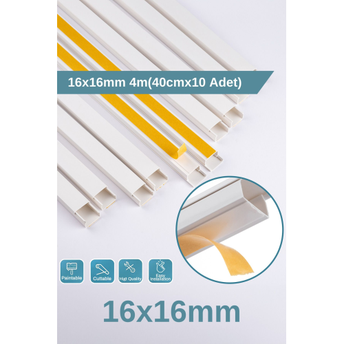 4 Metre (16x16mm) Kedinden Yapışkanlı Kablo Kanalı | 4m (10 Adet x 40cm) Kablo Gizleyici