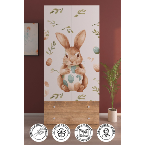 Ahşap Çocuk Odası 2 Kapaklı PRETTY RABIT Gardırop 5 Raflı 2 Çekmeceli Askılı Elbise Dolabı Ahşap Çocuk Odası 2 Kapaklı PRETTY RABIT Gardırop 5 Raflı 2 Çekmeceli Askılı Elbise Dolabı