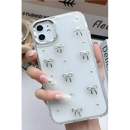 Apple iPhone 11 Kılıf Fiyonk Desenli Şeffaf Simli Gümüş Kamera Çıkıntılı Parlak Kapak Apple iPhone 11 Kılıf Fiyonk Desenli Şeffaf Simli Gümüş Kamera Çıkıntılı Parlak Kapak