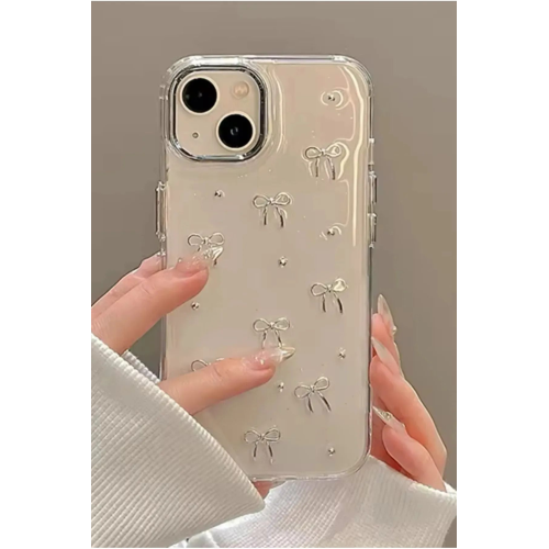Apple Iphone 13 - 14 - 15 Kılıf Fiyonk Desenli Şeffaf Simli Gümüş Kamera Çıkıntılı Parlak Kapak