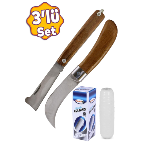Aşı Bıçağı Eğri Uçlu Bağ Bıçağı Çakısı + Düz Uçlu Açı Bıçak + Aşı Bandı (3'lü Set) Aşı Bıçağı Eğri Uçlu Bağ Bıçağı Çakısı + Düz Uçlu Açı Bıçak + Aşı Bandı (3'lü Set)