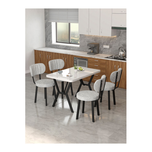 Azra 70x110cm Beyaz Mutfak Masası, Mutfak Masası Takımı, Yemek Masası, 4 Açık Gri Sandalye
