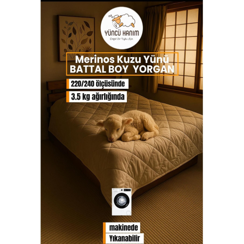 Battal Ebat Merinos Kuzu Yünü Yorgan (%100 SAF MERİNOS KUZU YÜNÜ) 220 X 240 Cm Ebat, 3500 gram Battal Ebat Merinos Kuzu Yünü Yorgan (%100 SAF MERİNOS KUZU YÜNÜ) 220 X 240 Cm Ebat, 3500 gram
