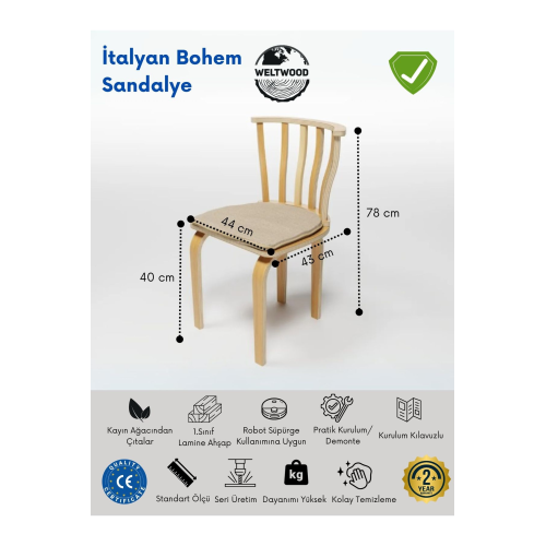 Bebekonfor Weltwood 2’li Italyan Bohem Sandalye | Kayın Ahşap, Minderli, Lamine, Demonte, Şık