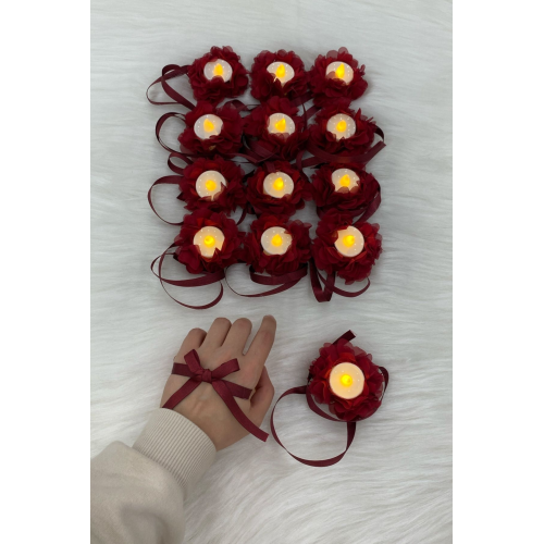 Bordo Ledli Kına El Mumu, Tealight Mum Pilli 6 Adet, Sünnet, Led Işıklı, Düğün, Nedime, Bride