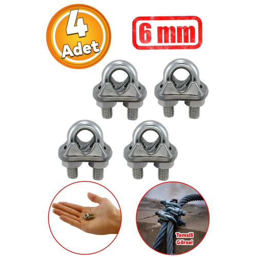 Çelik Halat Sıkma Sabitleme Klemensi 6 mm Çamaşır İpi Sıkma Bağlama Somunlu A Tipi Kelemens 4 Adet Çelik Halat Sıkma Sabitleme Klemensi 6 mm Çamaşır İpi Sıkma Bağlama Somunlu A Tipi Kelemens 4 Adet