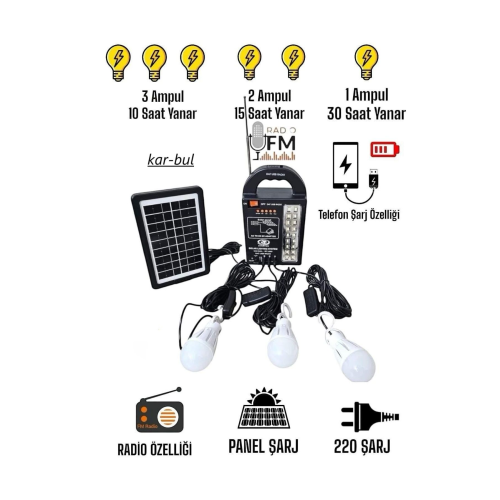 Dat 999 Radyolu Solar Güneş Enerjili Aydınlatma Sistemi Kamp Lambası 3 Adet Lambalı At-999