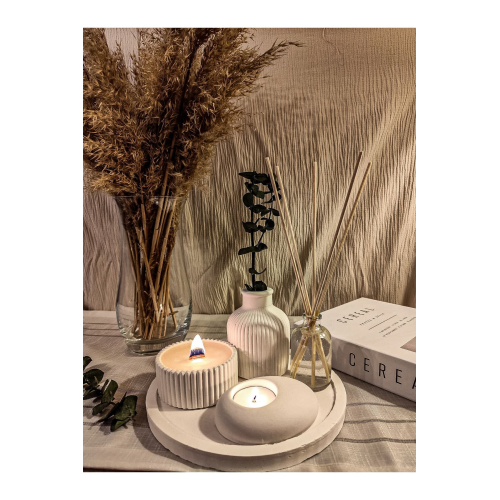 Dekoratif 5li Set Mum Çizgili Vazo Tealight mumluk ve Oda Kokusu Seti Dekoratif 5li Set Mum Çizgili Vazo Tealight mumluk ve Oda Kokusu Seti