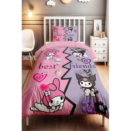 En İyi Arkadaşlar Kuromi ve My Melody Desenli Tek Kişilik Bebek Çocuk Nevresim Seti En İyi Arkadaşlar Kuromi ve My Melody Desenli Tek Kişilik Bebek Çocuk Nevresim Seti