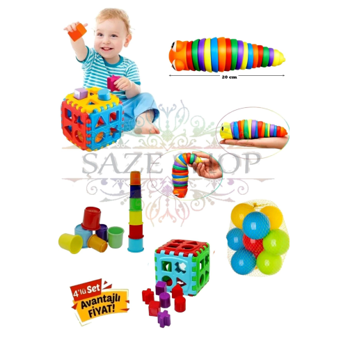 Esnek  Tırtıl + Bultak 14 parça +Sevimli Kule 6 + 10 ADET HAVUZ TOPU HEDİYEMİZDİR GELİŞİM SETİ 4 LÜ