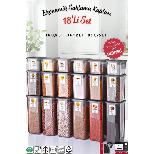 Etiketli 18'li Antrasit Ekonomik Kırılmaz Saklama Kabı Seti x6 - 1,75/1,2/0,5 Lt Etiketli 18'li Antrasit Ekonomik Kırılmaz Saklama Kabı Seti x6 - 1,75/1,2/0,5 Lt