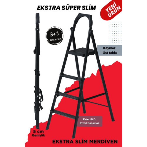 Extra Süper Slim Siyah Merdiven 3+1 Metal Basamaklı Extra Süper Slim Siyah Merdiven 3+1 Metal Basamaklı