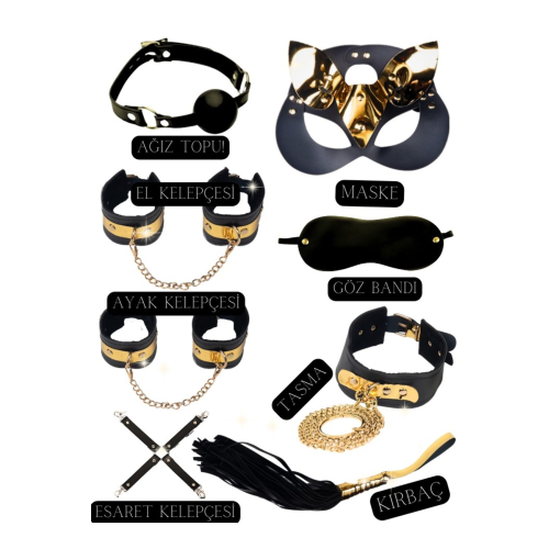 Fantezi Set Kırbaçlı Tasmalı Peluşlu El kelepçesi Maskeli 8 Li Set Gold Altın Kemerli Fantezi Set Kırbaçlı Tasmalı Peluşlu El kelepçesi Maskeli 8 Li Set Gold Altın Kemerli