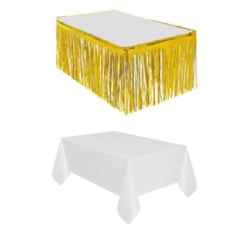 Gold Metalize Masa Etegi + Plastik Beyaz Masa Örtüsü Gold Metalize Masa Etegi + Plastik Beyaz Masa Örtüsü