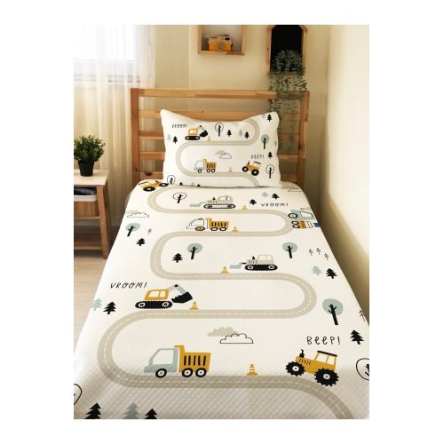 Inşaat Makineleri Yol Desenli Bebek Ve Çocuk Baskılı Tek Kişilik Pike Takımı 160 X 220 Cm beyaz