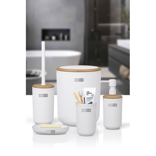 Linea Due Beyaz Çizgili Yuvarlak 5'li Banyo Seti Linea Due Beyaz Çizgili Yuvarlak 5'li Banyo Seti