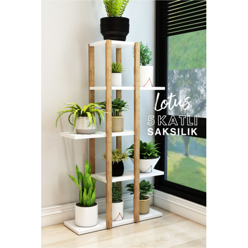 Lotus Beyaz Ahşap 5 Katlı Çiçeklik, Saksılık, Çiçek Standı, Dekoratif Raf / Çok Amaçlı Kullanım