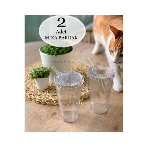 MİKA 2 Adet 600 Ml Mika Kapaklı Pipetli Origami Stil Mika Bardak | Sunum Bardağı Meşrubat Bardağı