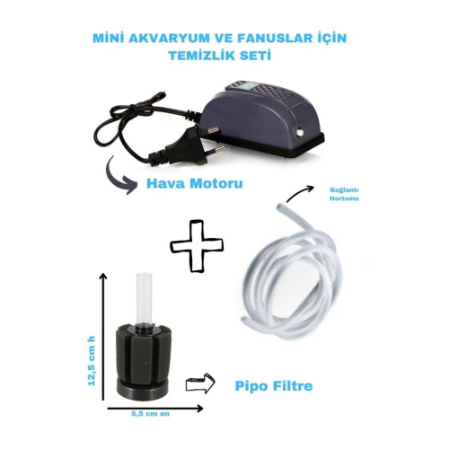 Mini Akvaryum Ve Fanuslar İçin Temizlik Sistemi (Hava motoru+Hortum+Pipo Filtre) Komple set