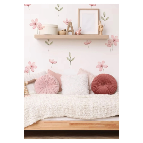 Pembe Çayır Çiçekleri Ve Yapraklar Duvar Sticker Seti Pembe Çayır Çiçekleri Ve Yapraklar Duvar Sticker Seti