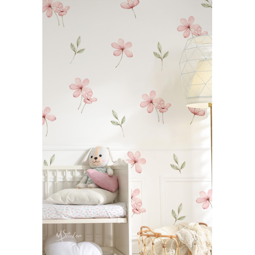 Pembe Çayır ve Kır Çiçekleri Yapraklar Sticker Seti, Çocuk Bebek Odası Çiçek Sticker Seti Pembe Çayır ve Kır Çiçekleri Yapraklar Sticker Seti, Çocuk Bebek Odası Çiçek Sticker Seti