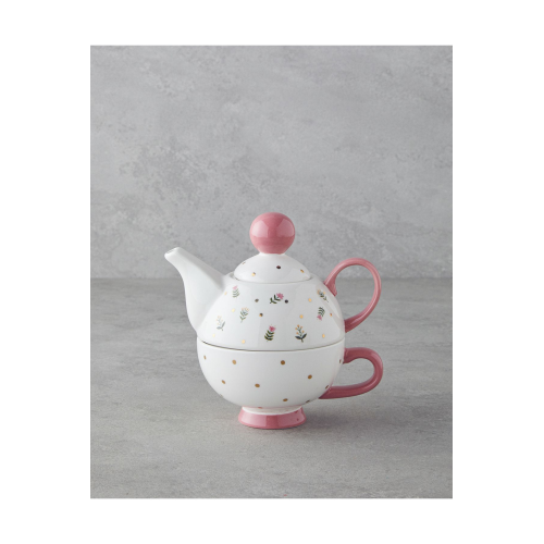 Pink Flowers New Bone China Demlik 400 ml Pembe