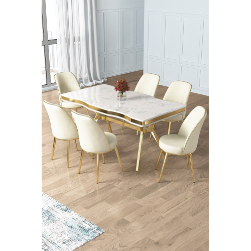 Prah Serisi 90x160 Lak Panel Beyaz Mermer Desen Gold Ayak Masa Takımı 6 Krem Sandalye Prah Serisi 90x160 Lak Panel Beyaz Mermer Desen Gold Ayak Masa Takımı 6 Krem Sandalye