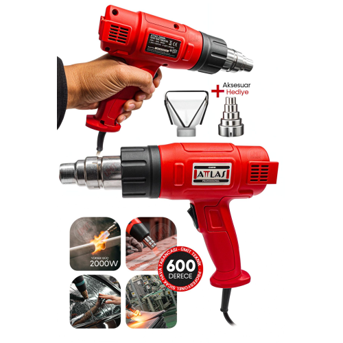 Profesyonel 600C° Çift Kademeli Sıcak Hava Tabancası Atlas 2000 Termik Korumalı Premium 2000W Profesyonel 600C° Çift Kademeli Sıcak Hava Tabancası Atlas 2000 Termik Korumalı Premium 2000W