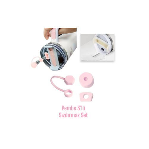 Quencher Ve Yeni Nesil Pipetli Termos Uyumlu 3 Parça Sızdırmaz Koruyucu Aksesuar Silikon Set (Pembe)