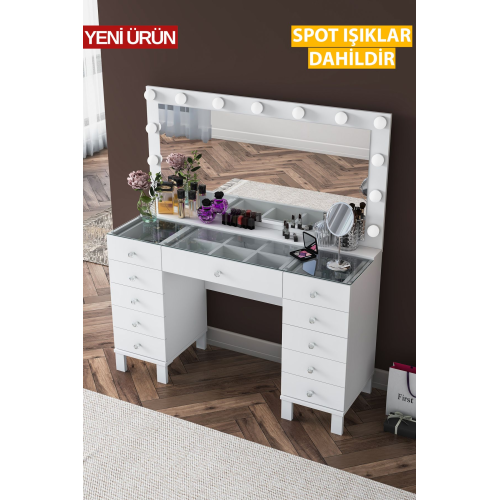 Rani BJ137 Hollywood Işıklı Aynalı Kulis Makyaj Masası 11 Çekmeceli Takı Düzenleyici Beyaz Rani BJ137 Hollywood Işıklı Aynalı Kulis Makyaj Masası 11 Çekmeceli Takı Düzenleyici Beyaz