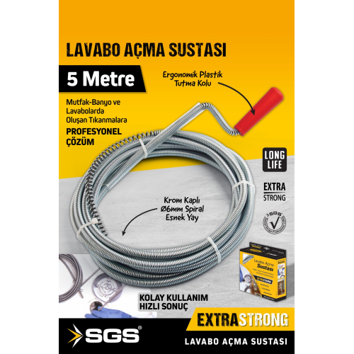 SGS972 5 Metre Lavabo Açma Sustası Lavabo Gider Boruları Açma Teli SGS972 5 Metre Lavabo Açma Sustası Lavabo Gider Boruları Açma Teli